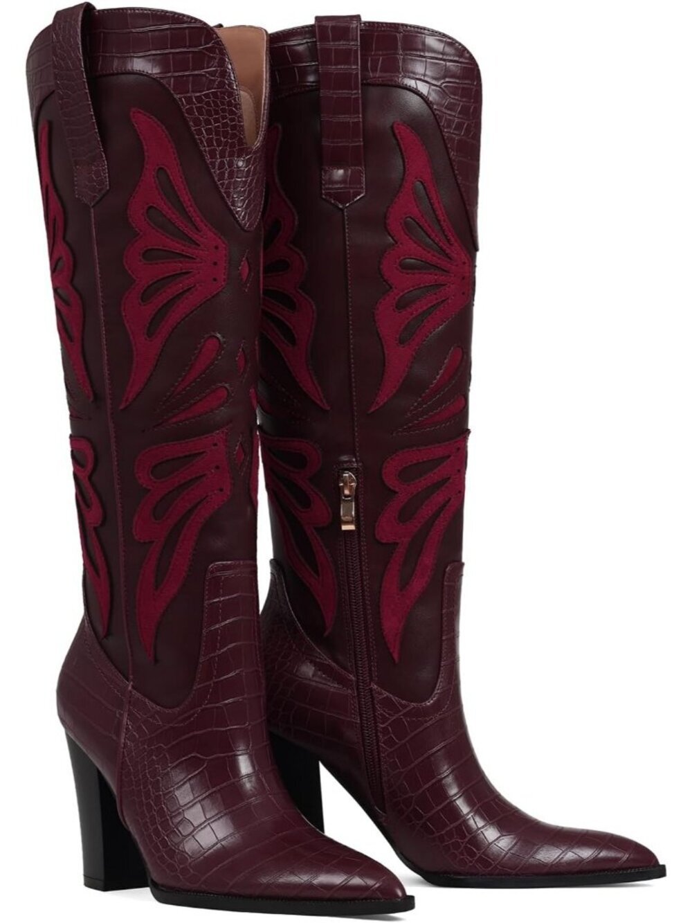 Women's Burgundy Rubber Pointed Toe Chunky Butterfly Wide Calf Knee High Boots - Picture 4 of 7